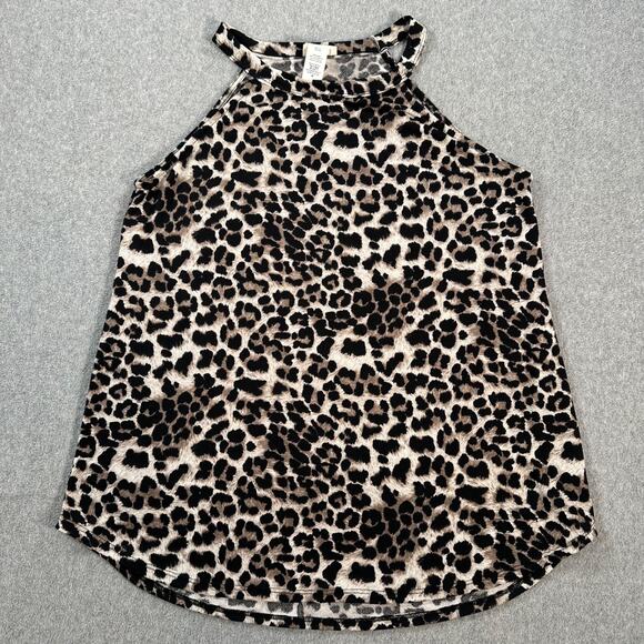 BIBI Leopard Print Halter Tank Top Women's Medium Sleeveless Black Brown Stretch - Picture 1 of 5